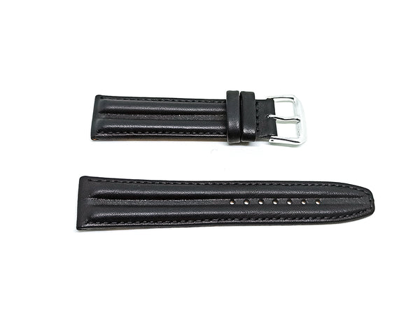 20mm Embossed Black Genuine Leather DOUBLE RIDGED Replacement Watch Band Strap Fits with Seiko , Pulsar , Casio Edifice