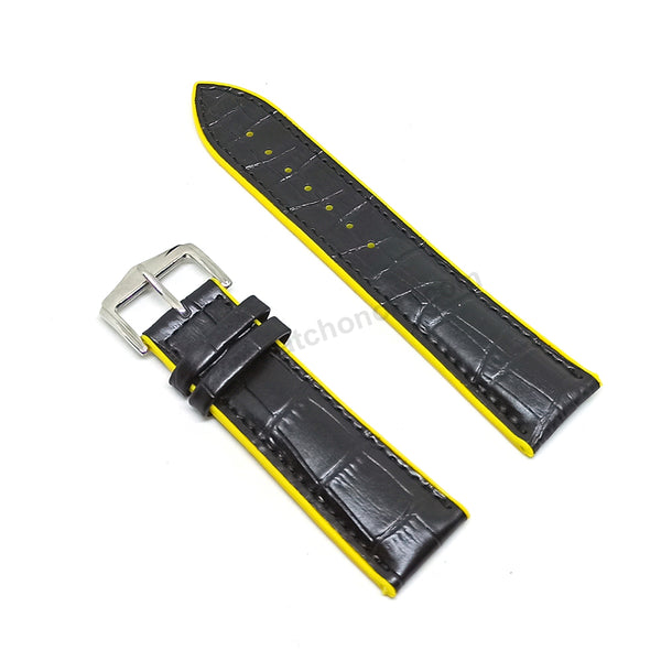 Fits/For Casio WVQ-550LE Wave Ceptor - Alligator Pattern Embossed Black Genuine Leather on Yellow Silicone/Rubber Replacement Watch Band / Strap / Belt