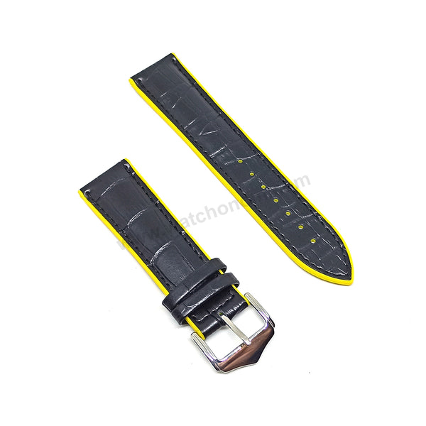 Fits/For Casio WVQ-550LE Wave Ceptor - Alligator Pattern Embossed Black Genuine Leather on Yellow Silicone/Rubber Replacement Watch Band / Strap / Belt