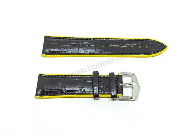Fits/For Casio WVQ-550LE Wave Ceptor - Alligator Pattern Embossed Black Genuine Leather on Yellow Silicone/Rubber Replacement Watch Band / Strap / Belt