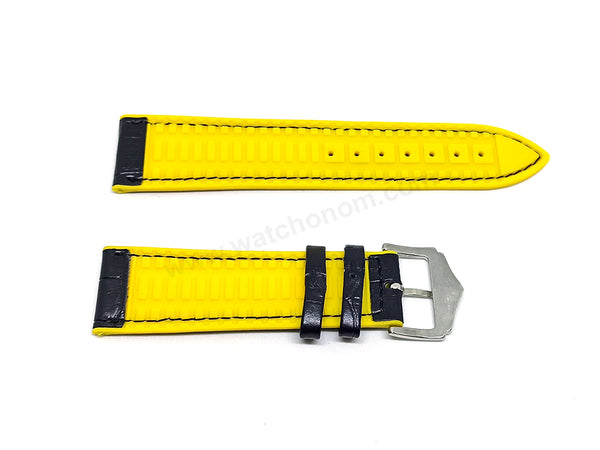 Fits/For Casio WVQ-550LE Wave Ceptor - Alligator Pattern Embossed Black Genuine Leather on Yellow Silicone/Rubber Replacement Watch Band / Strap / Belt