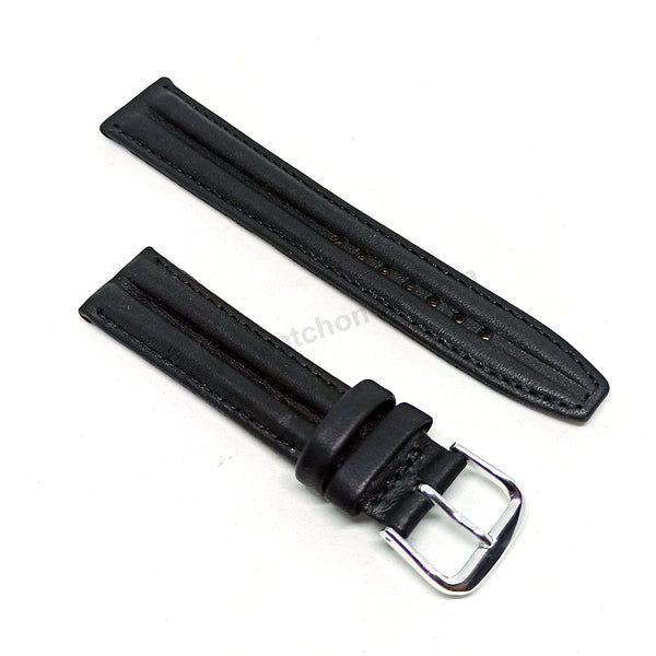 18mm Double Ridged / Padded Black Genuine Leather Replacement Watch Band Strap Belt