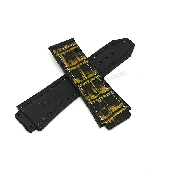 Fits/For Hublot 45mm & 48mm cases - Black - Gold Colour On Black Rubber 19mm Replacement Watch Band Strap Belt