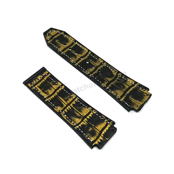 Fits/For Hublot 45mm & 48mm cases - Black - Gold Colour On Black Rubber 19mm Replacement Watch Band Strap Belt