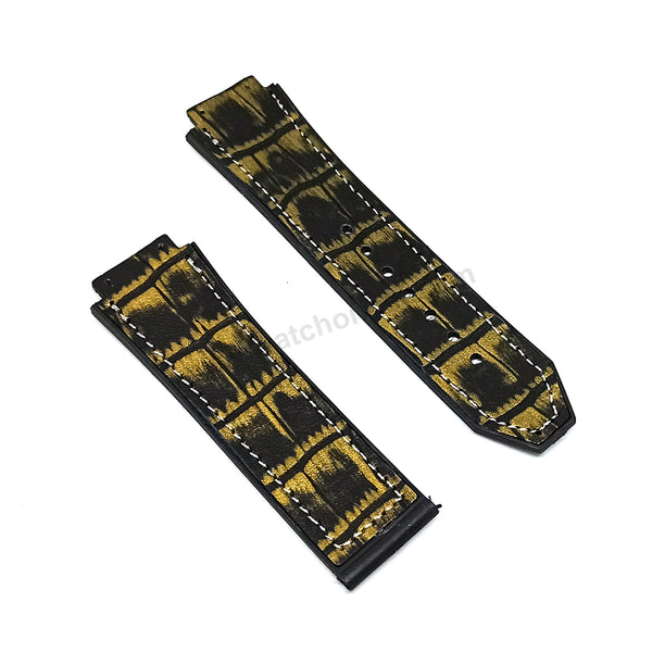 Fits/For Hublot 45mm & 48mm cases - Black - Gold Colour On Black Rubber 19mm Replacement Watch Band Strap Belt