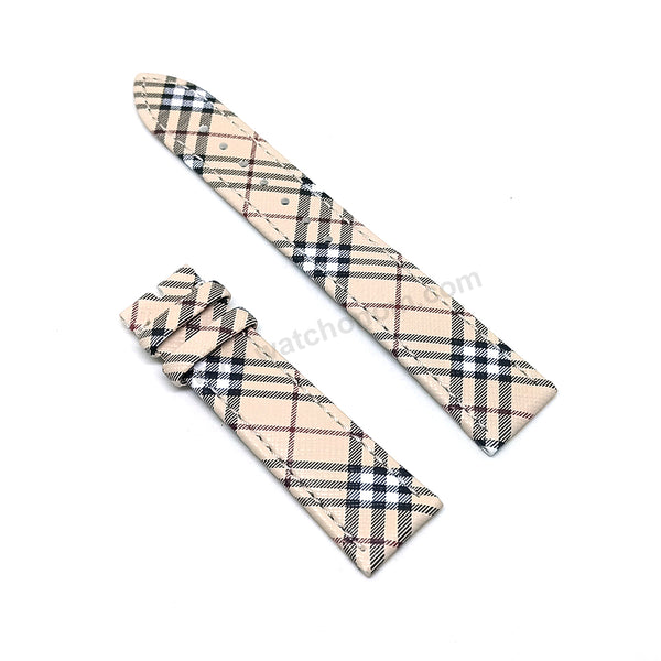 Fits/For Burberry - 20mm Burberry Tartan Cream Pattern Replacement Genuine Leather Watch Band Strap Belt