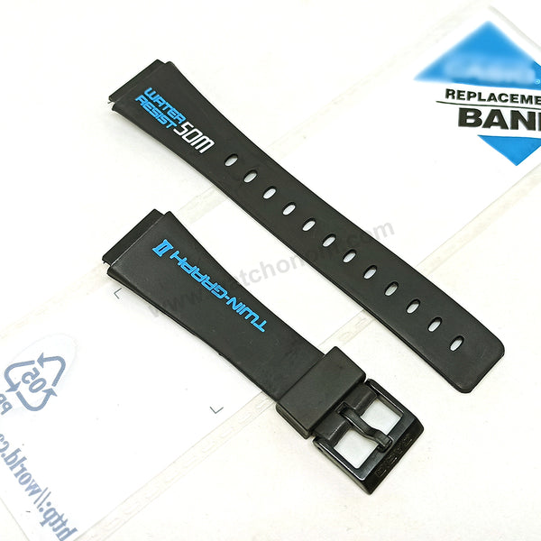 Fits/For Casio AE-21W , AE-22W Twin-Graph II - 18mm Blue Text on Black Rubber Replacement Watch Band / Strap Belt