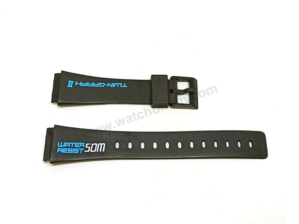Fits/For Casio AE-21W , AE-22W Twin-Graph II - 18mm Blue Text on Black Rubber Replacement Watch Band / Strap Belt