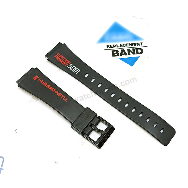 Fits/For Casio AE-21W , AE-22W Twin-Graph II - 18mm Red Text on Black Rubber Replacement Watch Band / Strap Belt