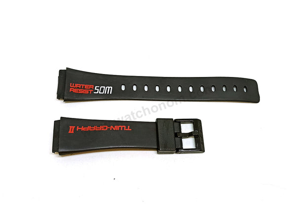 Fits/For Casio AE-21W , AE-22W Twin-Graph II - 18mm Red Text on Black Rubber Replacement Watch Band / Strap Belt