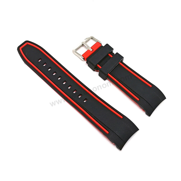 Fits/For Lorus RT323FX9 , RM387CX9 , VD53 - Red Line on Black Silicone Replacement Curved End Watch Band Strap Belt