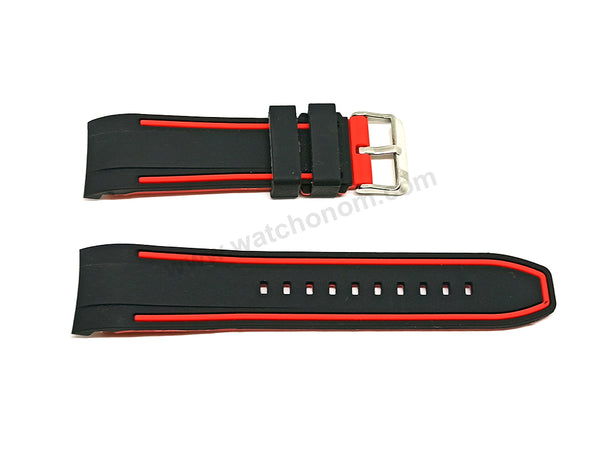 Fits/For Lorus RT323FX9 , RM387CX9 , VD53 - Red Line on Black Silicone Replacement Curved End Watch Band Strap Belt
