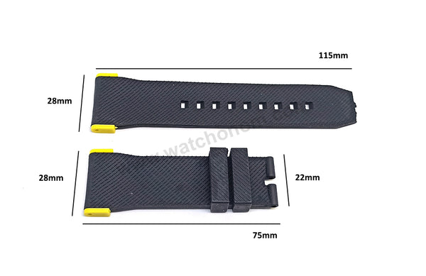 Fits/ For Puma Ultrasize PU102941004 , PU103461011 , PU103461012 , PU103461006 , PU103461009 , PU103462002 - 28mm Black Rubber Replacement Watch Band Strap (with yellow lug parts)