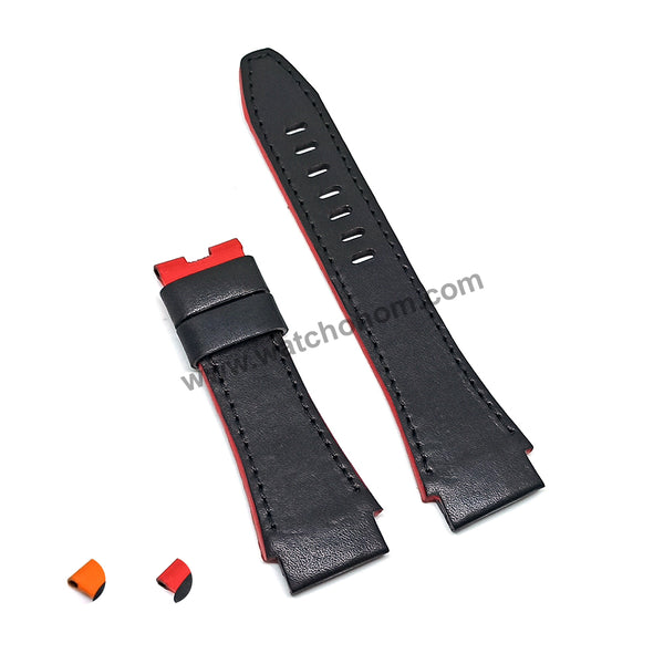 Handmade Black with Red , Orange Line Leather Watch Strap Band Comp. for Seiko Sportura Honda 7T82-0AF0 - SPC009P1 , SPC009JP1