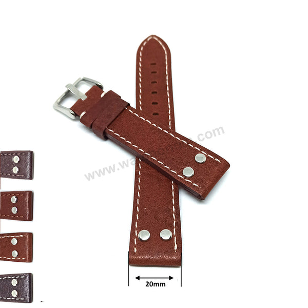 Fits/For Luminox , Aviator / Pilot - 20mm Brown Rivet Genuine Leather Replacement Watch Band Strap