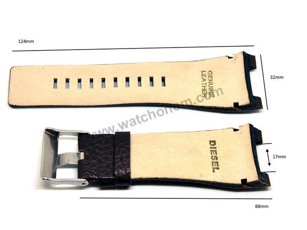 Fits/For Diesel Bugout DZ1273 , DZ1216 , DZ4246 - 32mm Dark Brown Genuine Leather Replacement Watch Band Strap