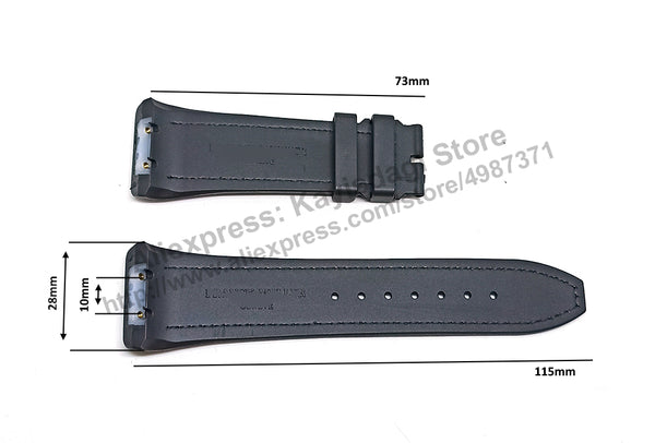 28mm Black Genuine Leather On Black and Navy Blue Rubber Silicone Watch Band Strap Compatible For Franck Muller V45