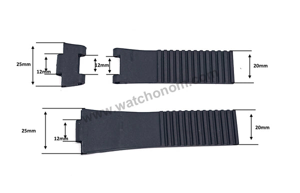Fits/For Ulysse Nardin HJ-107 - 12mmx25mm Black Rubber Replacement Watch Band Strap Belt