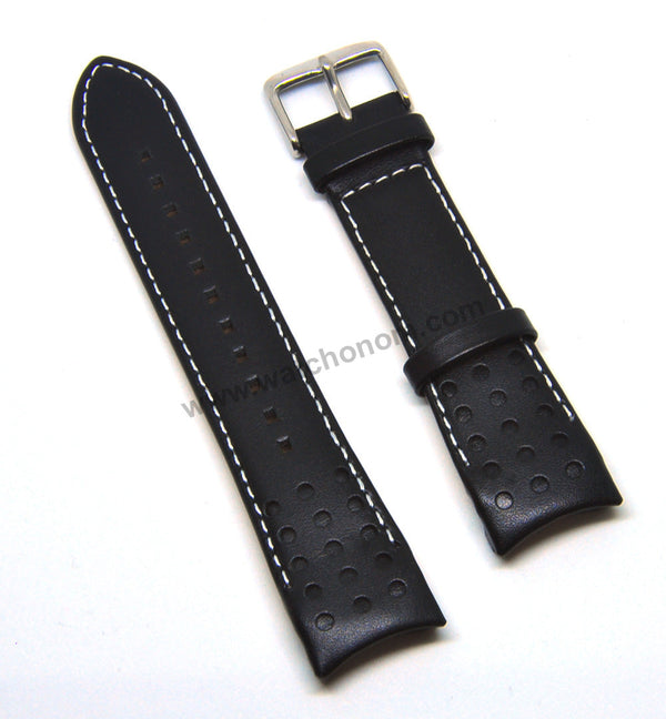 21mm Handmade White Stitch on Black Genuine Leather Watch Band Strap Compatible For Seiko Sportura Solar Chronograph-World Timer V198-0AA0 - SSC361P1 , SSC359P1
