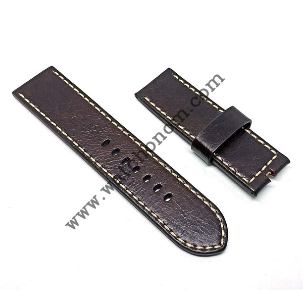 Fits/For Officine Panerai - 26mm Dark Brown White Stitch Genuine Leather Replacement Watch Band Strap