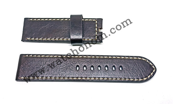 Fits/For Officine Panerai - 26mm Dark Brown White Stitch Genuine Leather Replacement Watch Band Strap