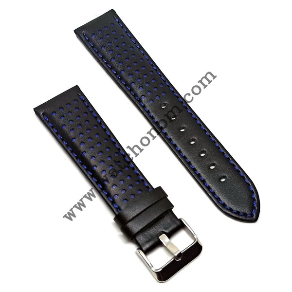 22mm Black Genuine Leather with Blue Colour Details Replacement Watch Strap Band fits with Tissot Chrono XL NBA Edition T1166173605102 Golden State Warriors