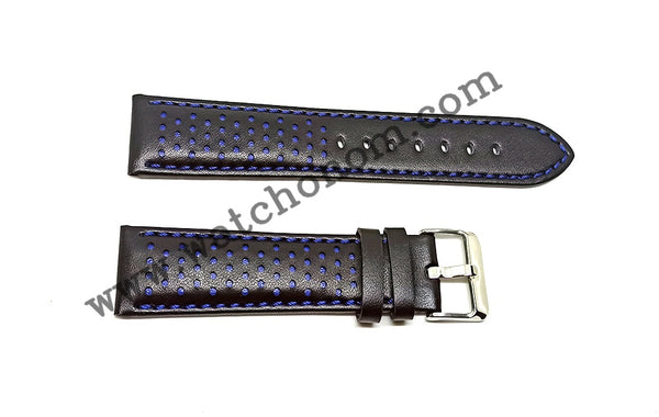 22mm Black Genuine Leather with Blue Colour Details Replacement Watch Strap Band fits with Tissot Chrono XL NBA Edition T1166173605102 Golden State Warriors