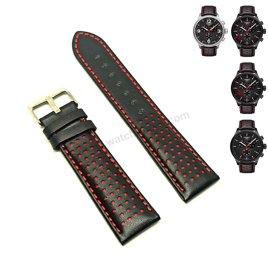 Fits/For Tissot T-Sport T116.617 Chrono XL - Red Stitched on Black Genuine Leather Replacement Watch Strap Band Belt