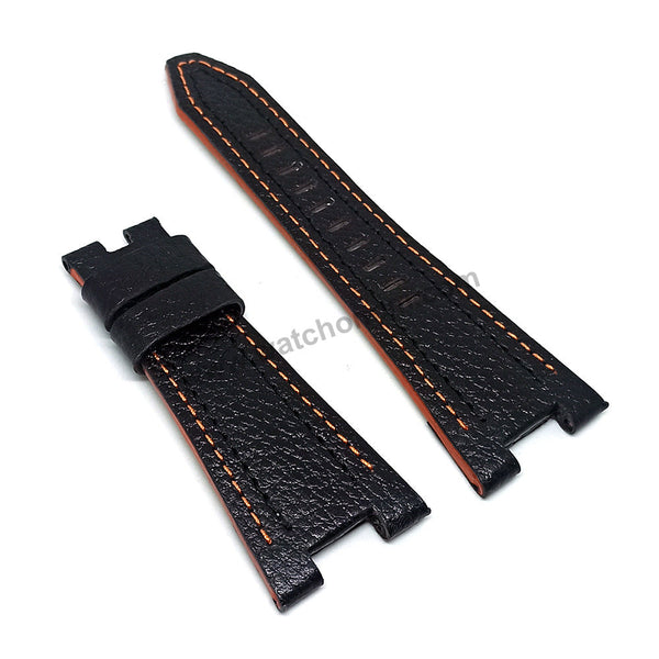 14mm Handmade Orange Stitch on Black Genuine Leather Watch Band Strap Compatible For Seiko Sportura 7T62-0JV0 - SNAD23P2