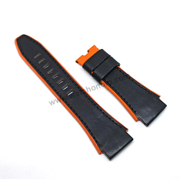 Handmade Black with Red , Orange Line Leather Watch Strap Band Comp. for Seiko Sportura Honda 7T85-0AA0 - SPC039P2 , SPC039J2