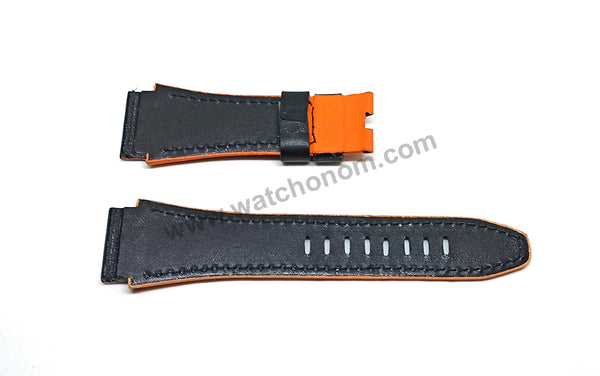 Handmade Black with Red , Orange Line Leather Watch Strap Band Comp. for Seiko Sportura Honda 7T82-0AF0 - SPC009P1 , SPC009JP1