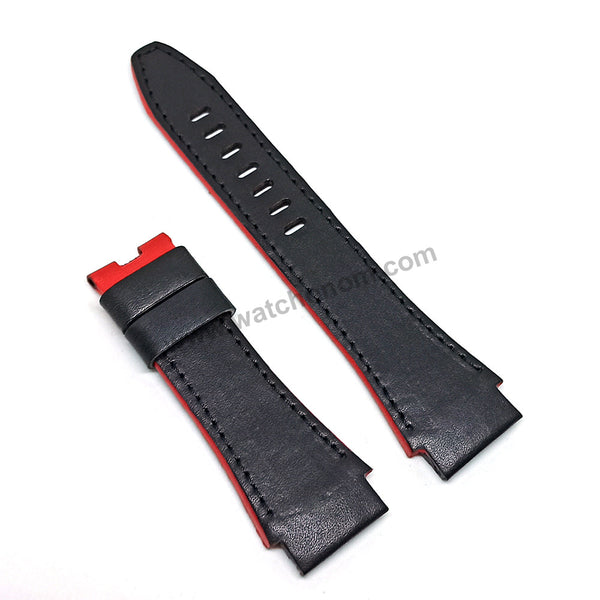 Handmade Black with Red , Orange Line Leather Watch Strap Band Comp. for Seiko Sportura Honda 7T85-0AA0 - SPC045P9