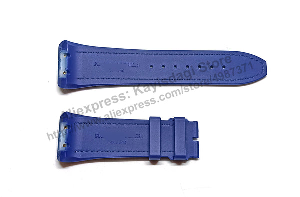 28mm Black Genuine Leather On Black and Navy Blue Rubber Silicone Watch Band Strap Compatible For Frank Muller V45