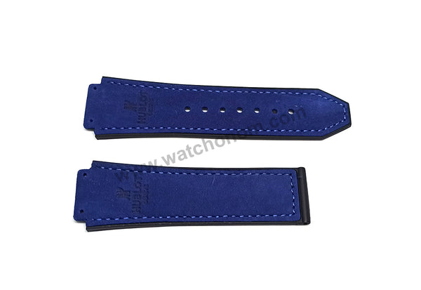 19mm Blue Suede Leather On Black Rubber Replacement Watch Band Strap Compatible with Hublot 45mm cases