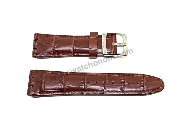 Fits/For Swatch Wrist Watches - 21mm Brown Alligator Pattern Padded Genuine Leather Replacement Watch Strap Band