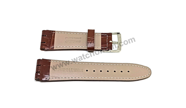 Fits/For Swatch Wrist Watches - 21mm Brown Alligator Pattern Padded Genuine Leather Replacement Watch Strap Band