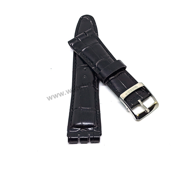Fits/For Swatch Wrist Watches - 21mm Black Alligator Pattern Padded Genuine Leather Replacement Watch Strap Band