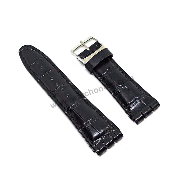 Fits/For Swatch Wrist Watches - 21mm Black Alligator Pattern Padded Genuine Leather Replacement Watch Strap Band
