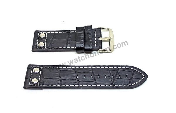 Fits/For Luminox , TW Steel , Aviator / Pilot - 24mm Black White Stitch Rivet Genuine Leather Replacement Watch Band Strap