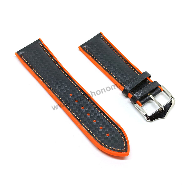 24mm Carbon Embossed Pattern Black Genuine Leather on Orange Silicone/Rubber Replacement Watch Band / Strap
