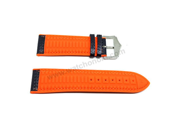24mm Carbon Embossed Pattern Black Genuine Leather on Orange Silicone/Rubber Replacement Watch Band / Strap