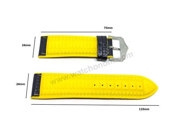 24mm Carbon Embossed Pattern Black Genuine Leather on Yellow Silicone/Rubber Replacement Watch Band / Strap