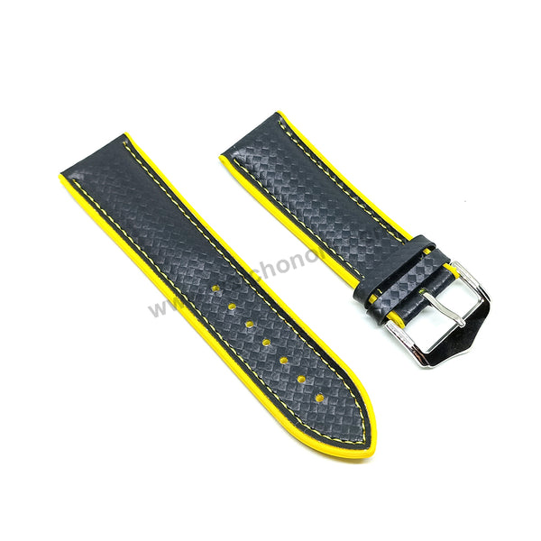 24mm Carbon Embossed Pattern Black Genuine Leather on Yellow Silicone/Rubber Replacement Watch Band / Strap