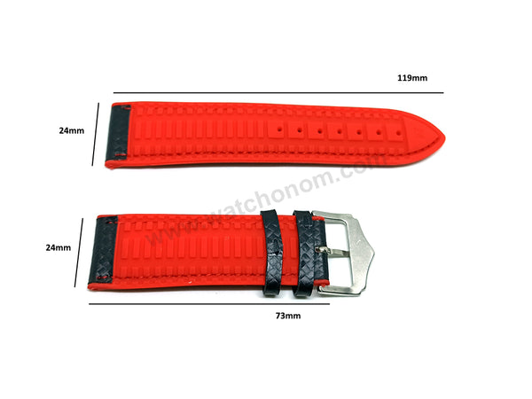 24mm Carbon Embossed Pattern Black Genuine Leather on Red Silicone/Rubber Replacement Watch Band / Strap