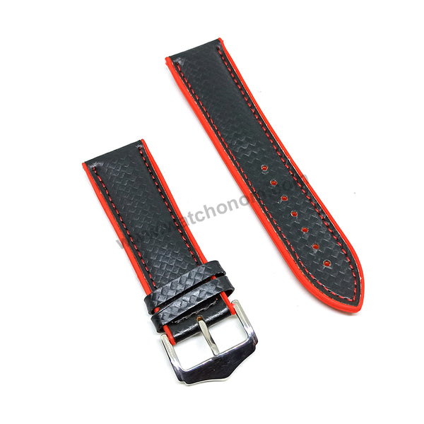 24mm Carbon Embossed Pattern Black Genuine Leather on Red Silicone/Rubber Replacement Watch Band / Strap