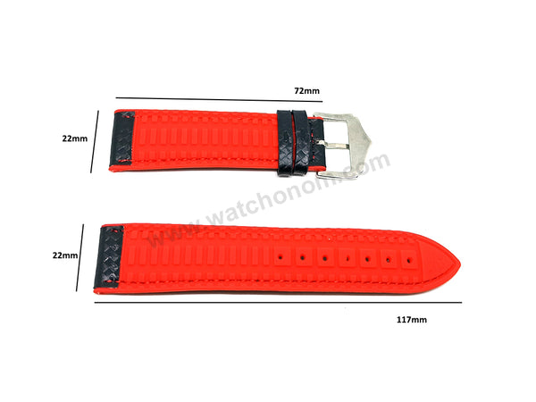 22mm Carbon Embossed Pattern Black Genuine Leather on Red Silicone/Rubber Replacement Watch Band / Strap