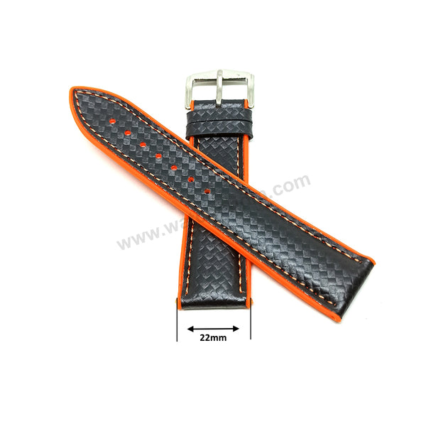 22mm Carbon Embossed Pattern Black Genuine Leather on Orange Silicone/Rubber Replacement Watch Band / Strap