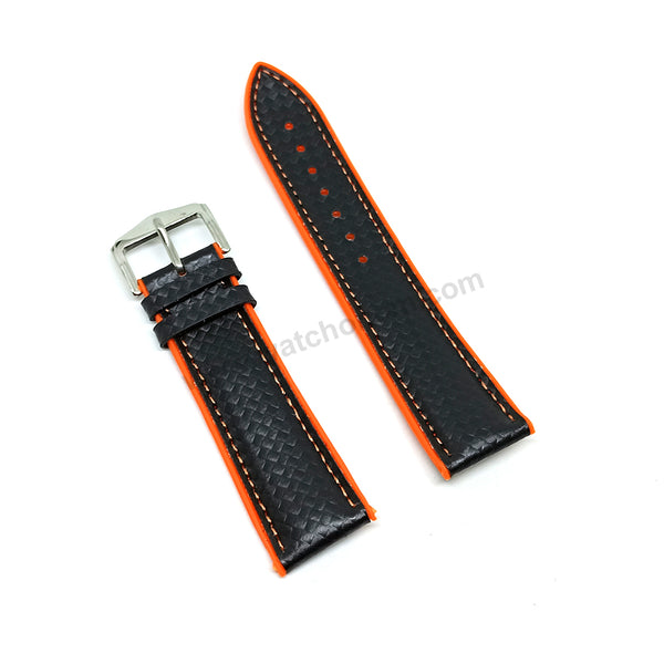 22mm Carbon Embossed Pattern Black Genuine Leather on Orange Silicone/Rubber Replacement Watch Band / Strap