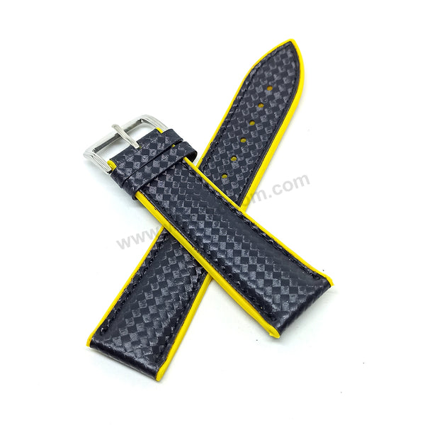 22mm Carbon Embossed Pattern Black Genuine Leather on Yellow Silicone/Rubber Replacement Watch Band / Strap