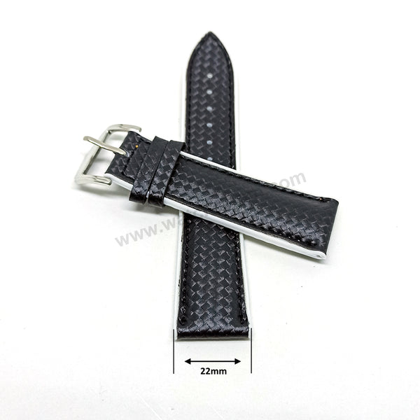 22mm Carbon Embossed Pattern Black Genuine Leather on White Silicone/Rubber Replacement Watch Band / Strap